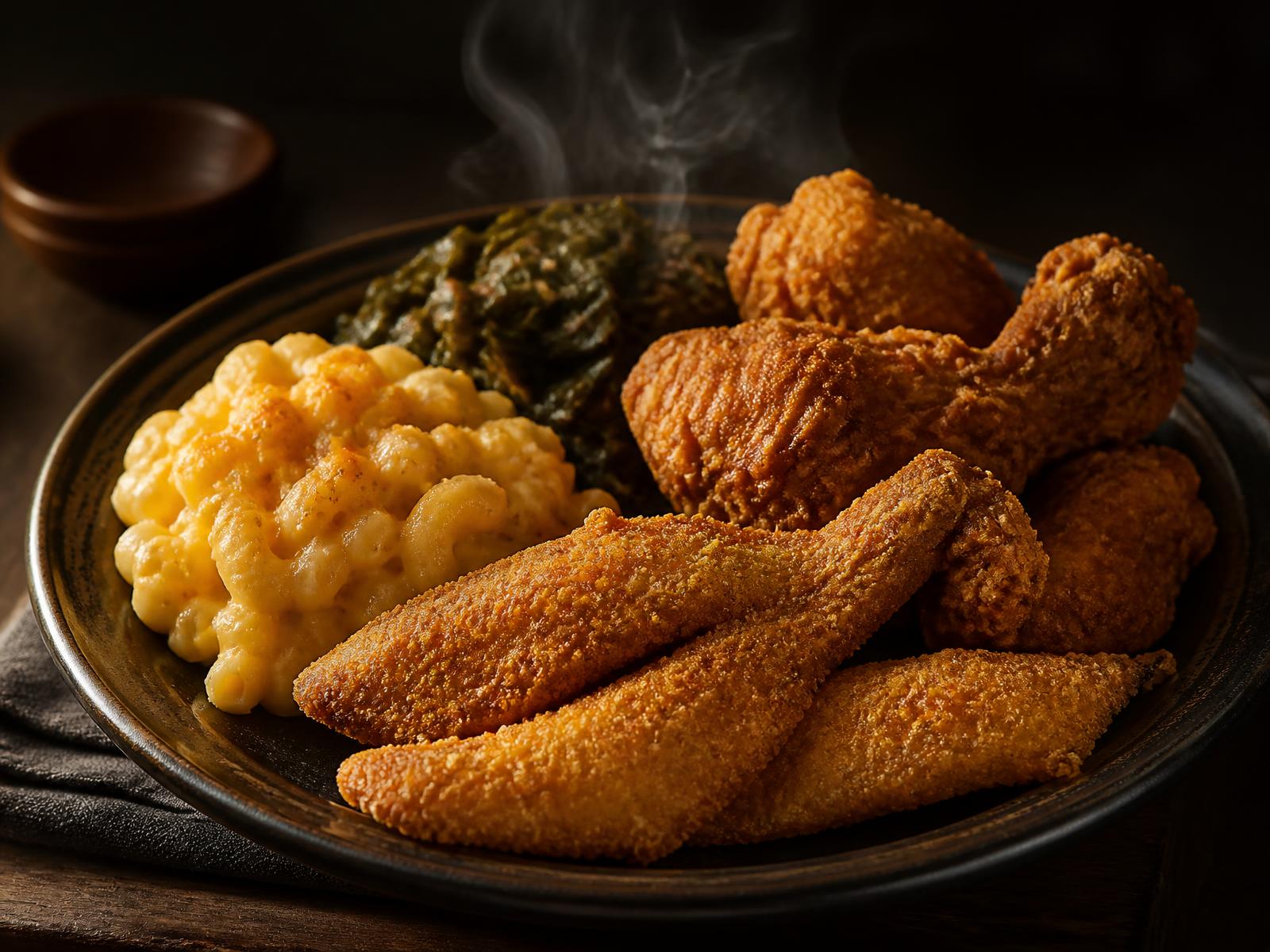 Fried whiting, fried chicken, macaroni and cheese and collard greens on a plate at Southern Tree